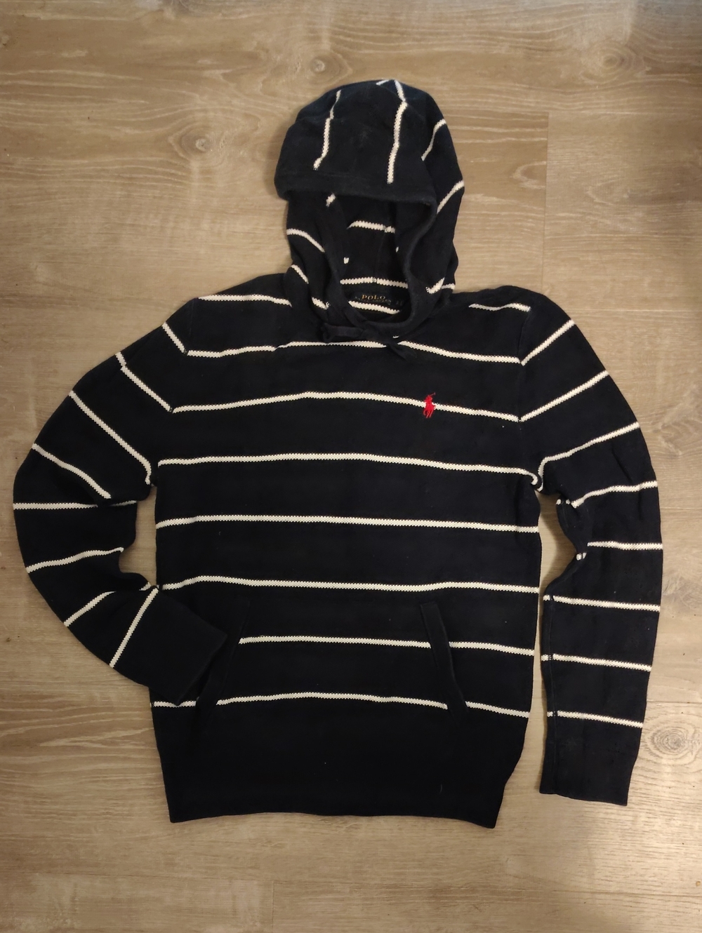 Polo by Ralph Lauren Navy Hooded pima COTTON Knit Sweater with White Stripes